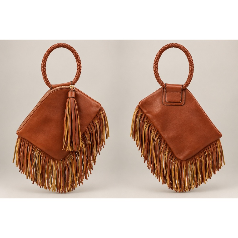 Boho Western Fringe Handbag Cognac Brown Braided Ring Handle Tassel Cowgirl Bag